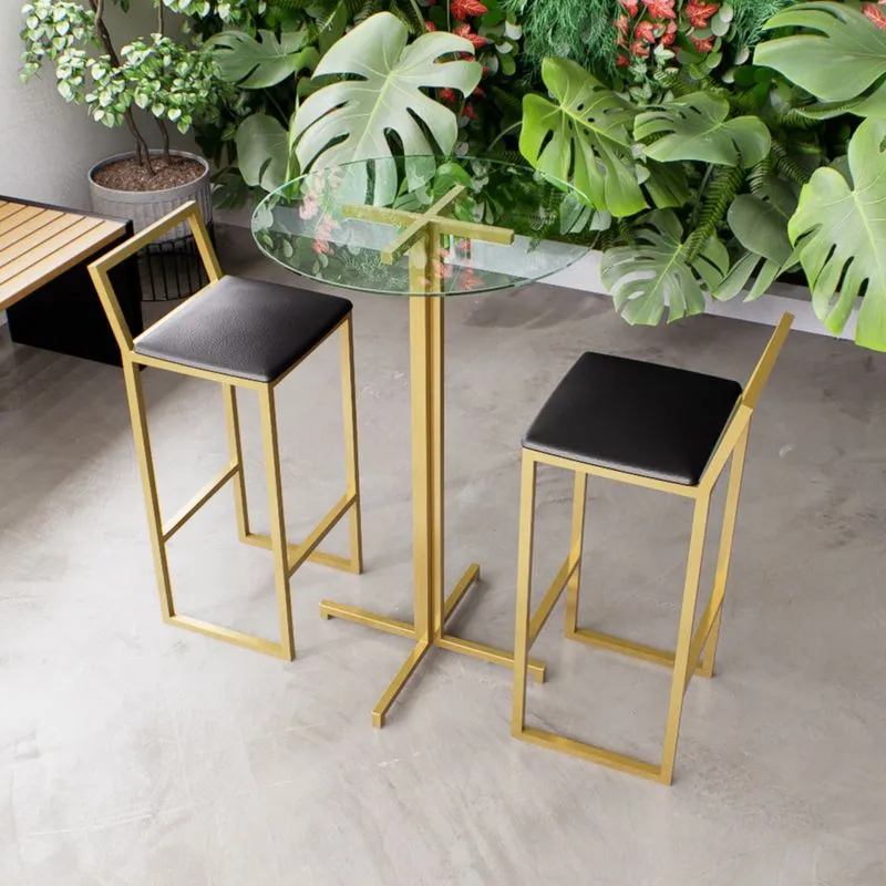 Jogo Mesa Alta Bistrô Redonda Vidro 2 Banquetas Estofado Confort Industrial Dourado - Preto