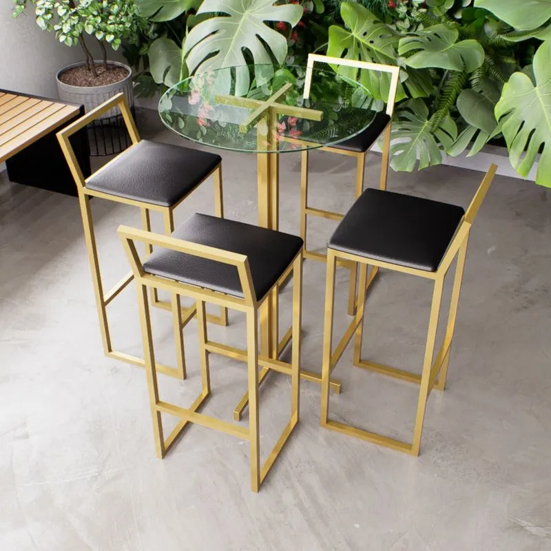 Jogo Mesa Alta Bistrô Redonda Vidro 4 Banquetas Estofado Confort Industrial Dourado - Preto