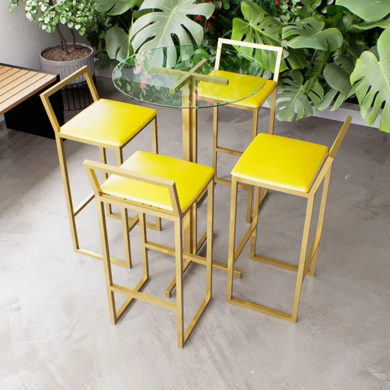 Jogo Mesa Alta Bistrô Redonda Vidro 4 Banquetas Estofado Confort Industrial Dourado - Amarelo