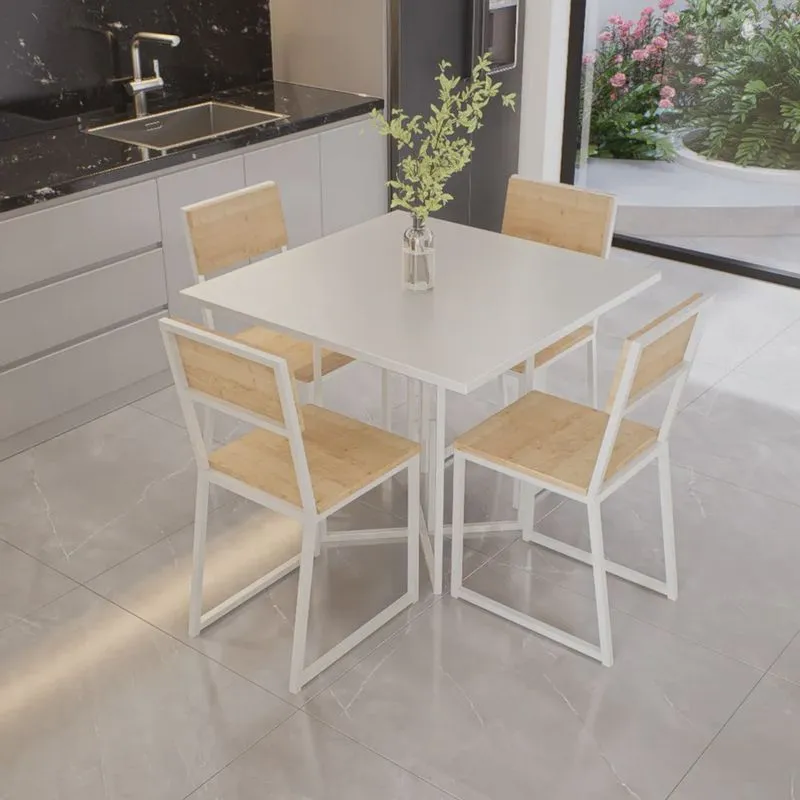 Conjunto Mesa de Jantar Quadrada Branca 4 Cadeiras Pinus Riviera Industrial Branco