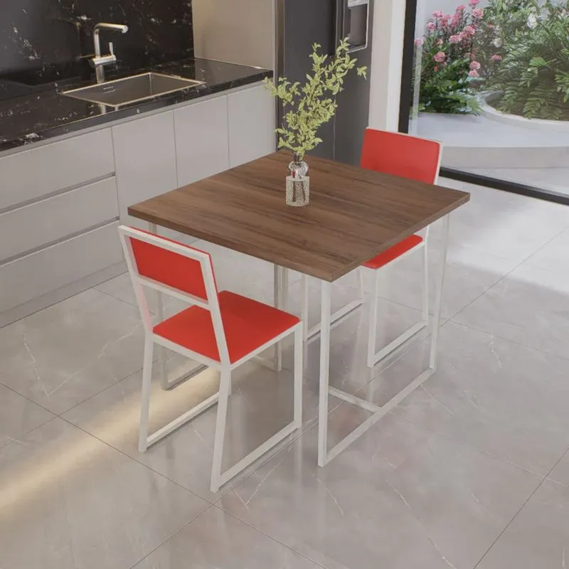 Conjunto Mesa de Jantar Quadrada Imbuia 2 Cadeiras Estofado Riviera Industrial Branco