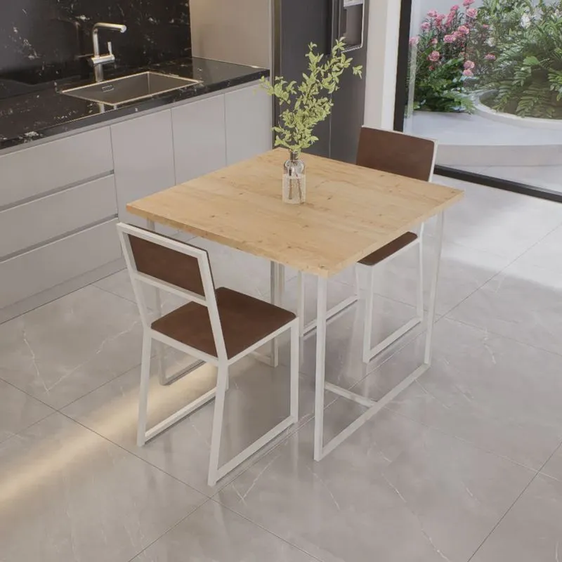 Conjunto Mesa de Jantar Quadrada Pinus 2 Cadeiras Estofado Riviera Industrial Branco