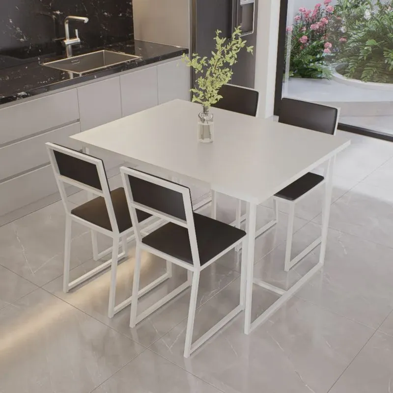 Conjunto Mesa de Jantar Retangular Branca 4 Cadeiras Estofado Riviera Industrial Branco
