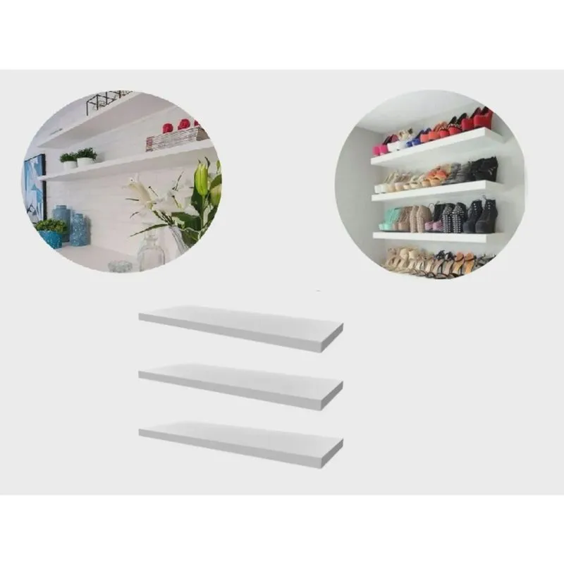 Kit 3 Prateleira Madeira Mdf Branca 80x20cm Com Suporte Invisível Flutuante