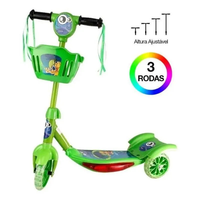 Patinete Com Cesta Infantil Luz E Música Roda Dupla - Verde