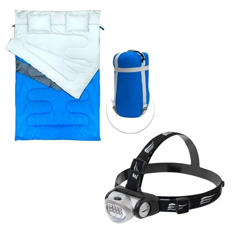 Kit Saco Dormir Kuple Casal Com Travesseiro + Lanterna de Cabeça Turbo LED 20 lúmens - Nautika