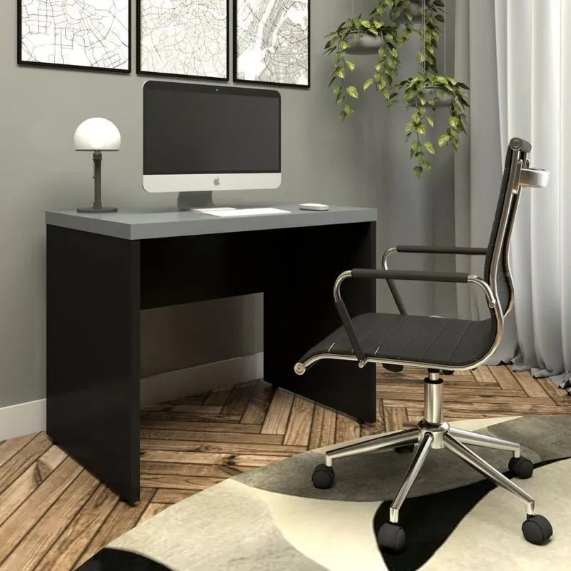 Mesa Para Estudos E Escritório Escrivaninha Alto Padrão MDP 90cm Cinza Sagrado Com Preto F5 Office