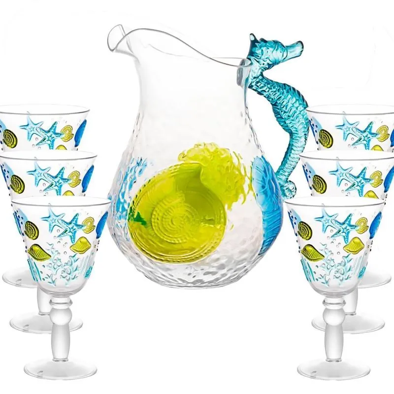 Conjunto Jarra 2,8l C/6 Taças 420ml De Acrílico Ocean Wolff