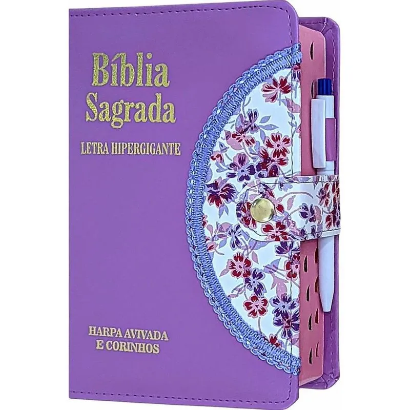 2x Bíblia Sagrada Letra Grande Com Harpa Botão Caneta Femini