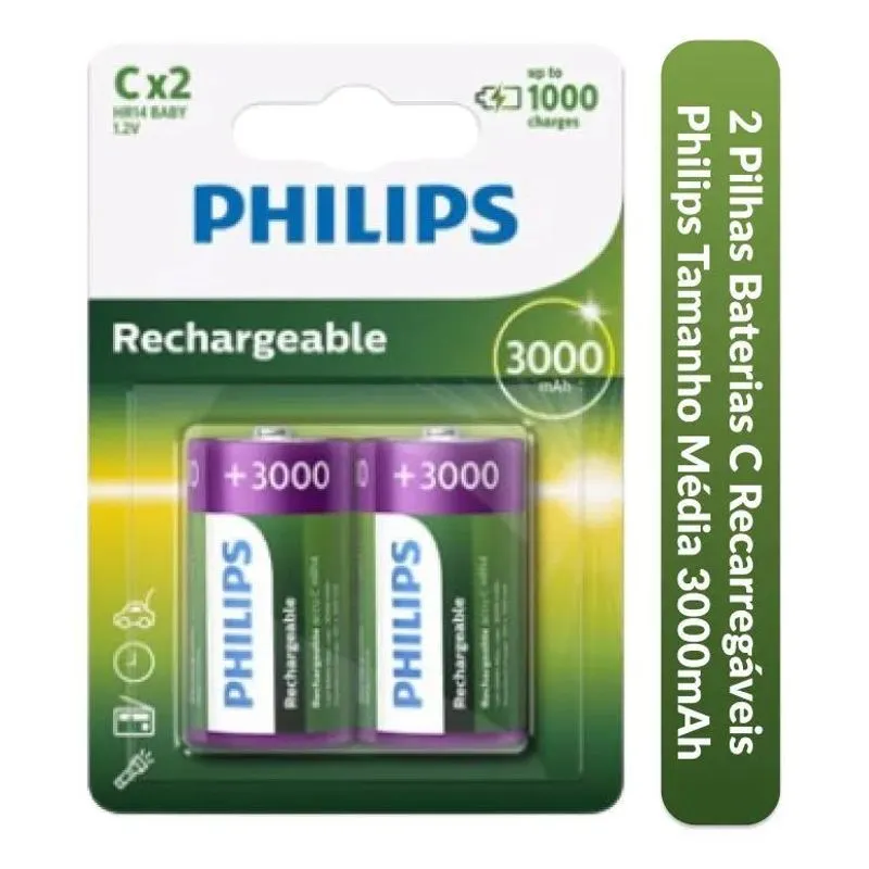 2 Pilhas C Recarregável Média Eecarregue De 1000 Vezes Phili
