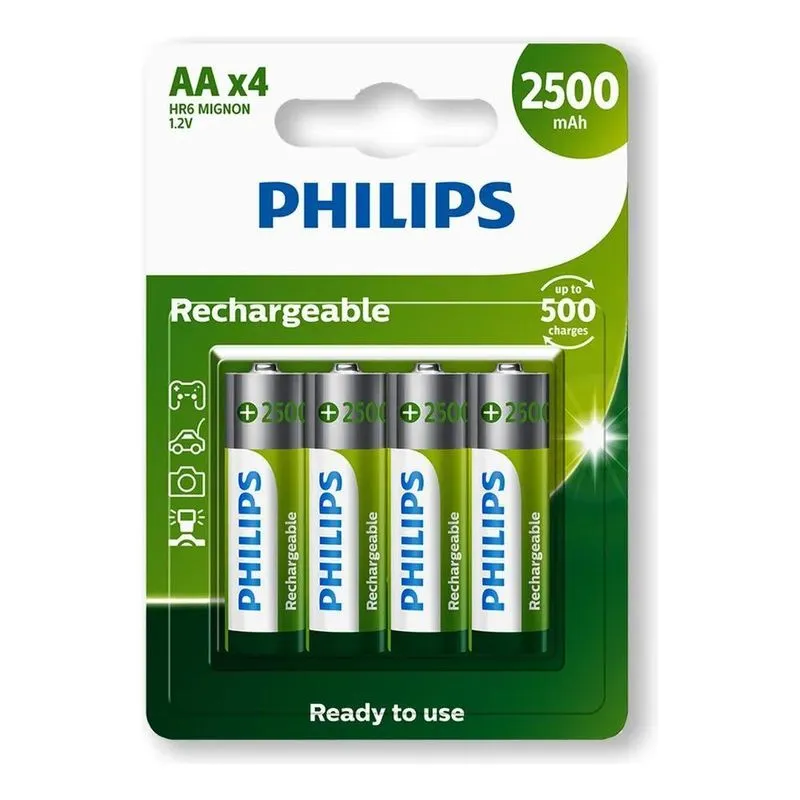 Pilha Recarregavel Aa Philips Bateria 2500mah Pequena 4 Un