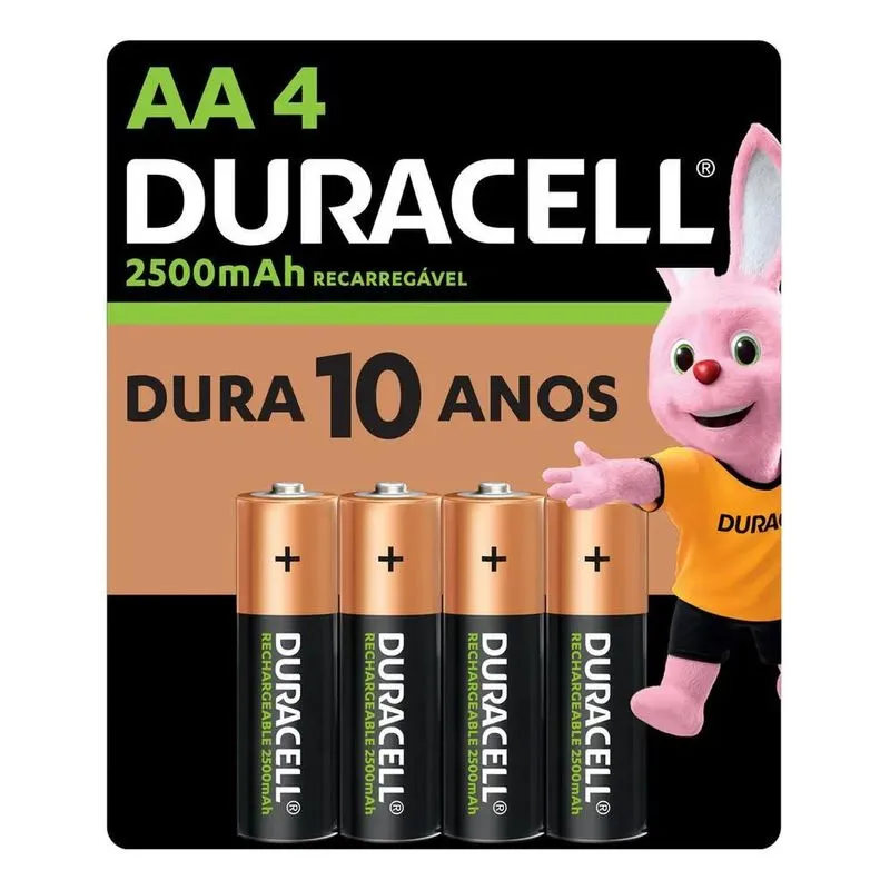 4 Pilhas Duracell AA Recarregável 1.2V 2500mAh