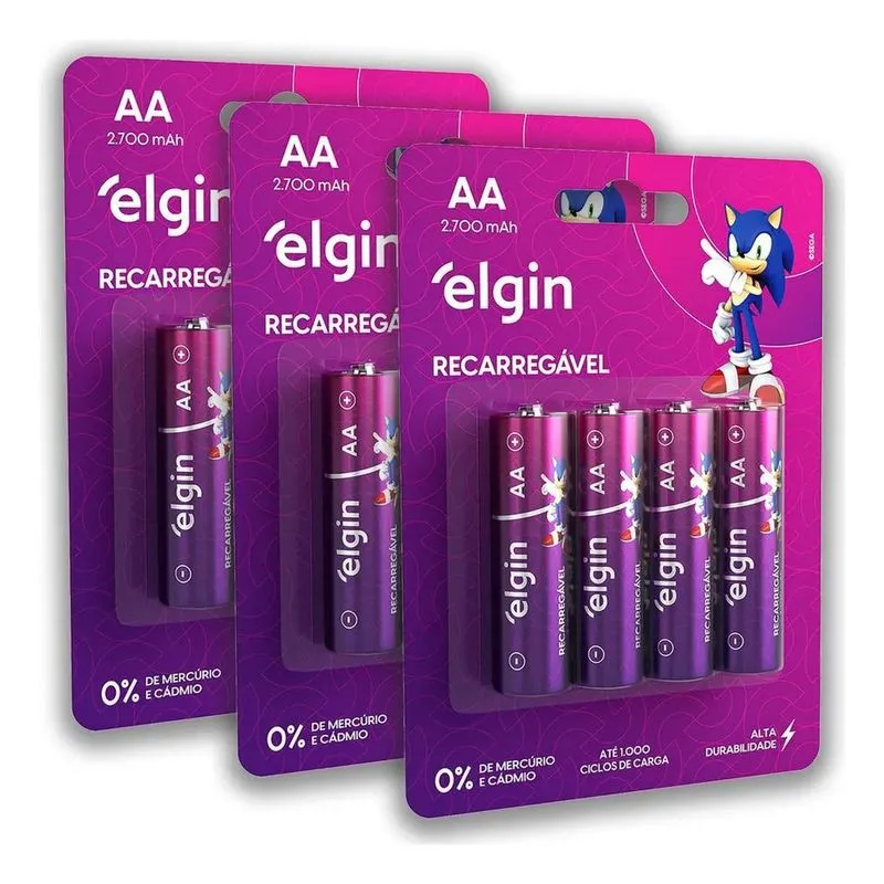 Kit Pilhas Baterias Aa 2700mah Elgin Recarregável 3 Cartelas