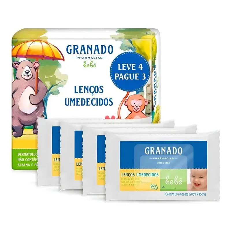 Kit 4 Lenço Umedecido Granado Bebê Baby Tradicional - Kit