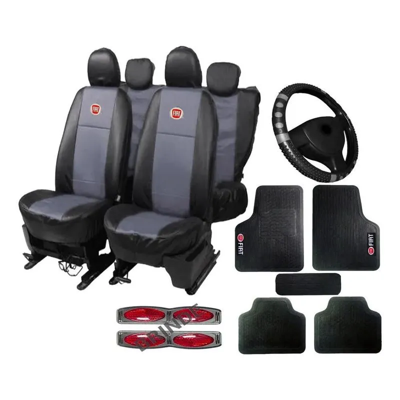 Kit Luxo Fiat: Capas Couro + Tapetes 5p Palio - Cinza Preto