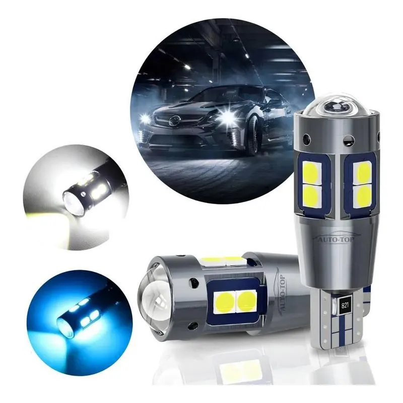 10x Par Lâmpada T10 Led Pingo Esmagada Canbus 6000k Branco