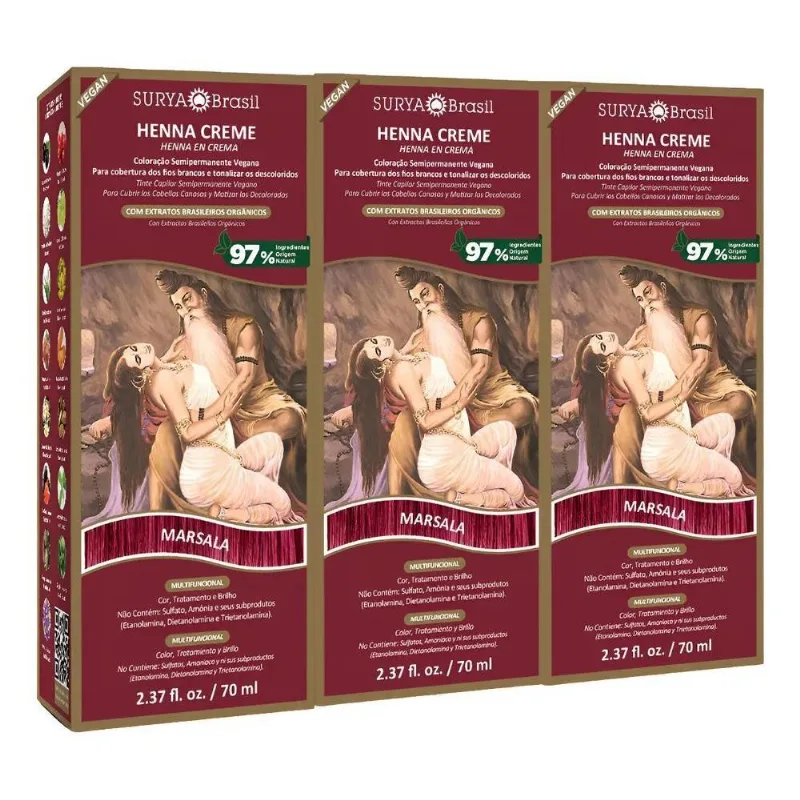 3x Henna Creme Surya: Cor Natural, Cabel - Acaju Louro Claro
