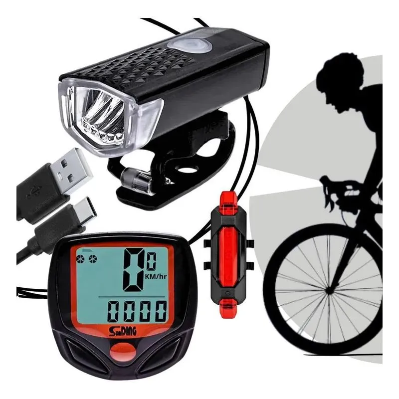 3x Kit Acessórios De Iluminação Para Bike + Velocímetro Com