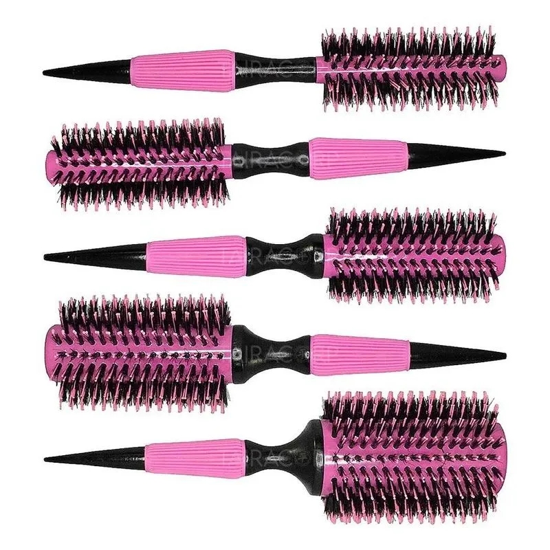 10x Kit 5 Escovas Profissionais Cabelo Cerdas Javali - Rosa