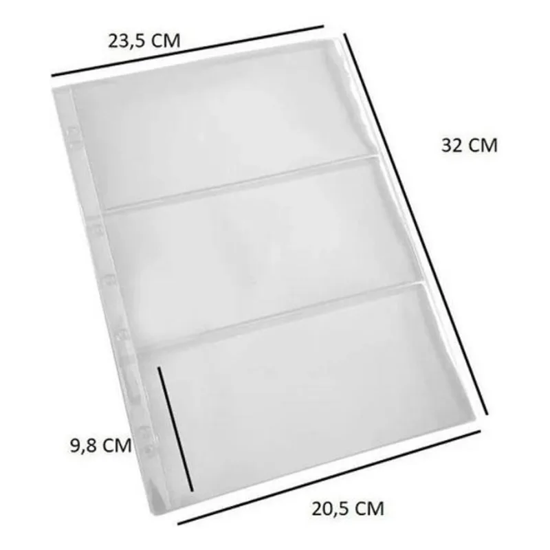 10 Folhas Plastico Cédulas Acetato Premium 3 Divisões