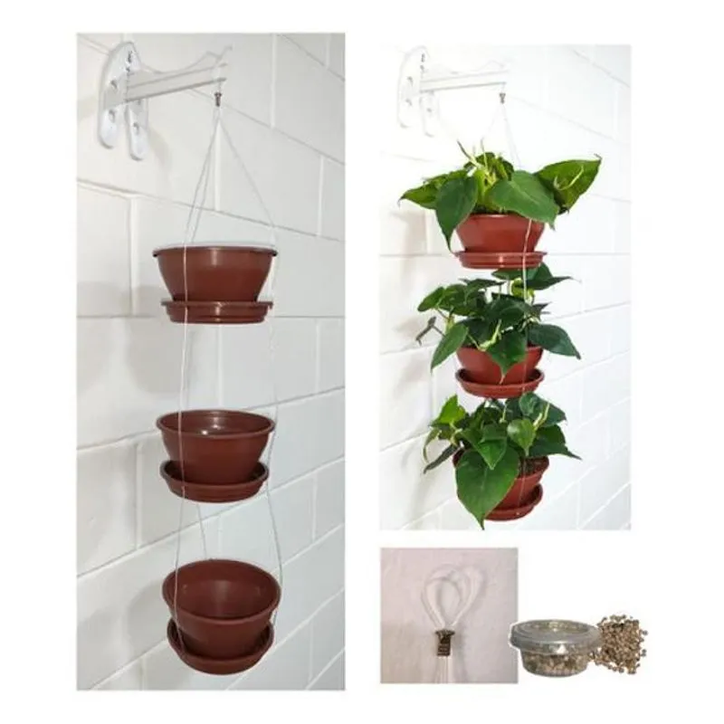 01 Suporte Triplo Vaso Marrom 15x85cm Cabo Nylon Resistente