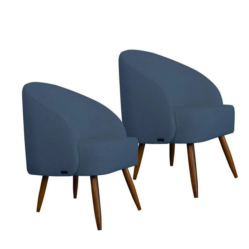 Kit 2 Poltronas Caires Fixas Em Madeira De Eucalipto Linho Confortável Azul Movellu Home