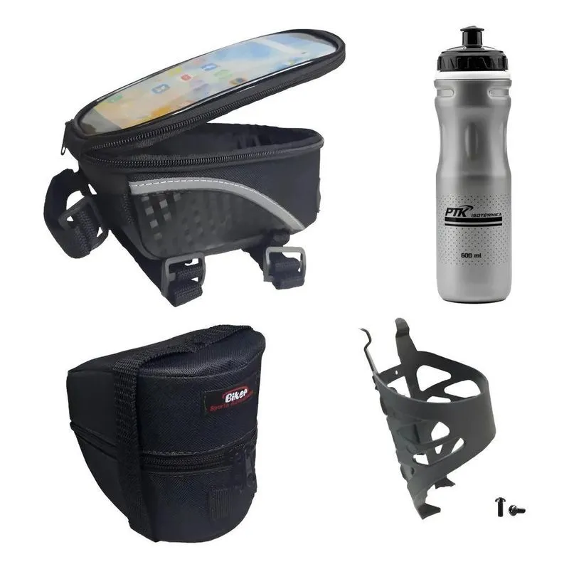 Garrafa Caramanhola +suporte+bolsa Selim+porta Celular Prat