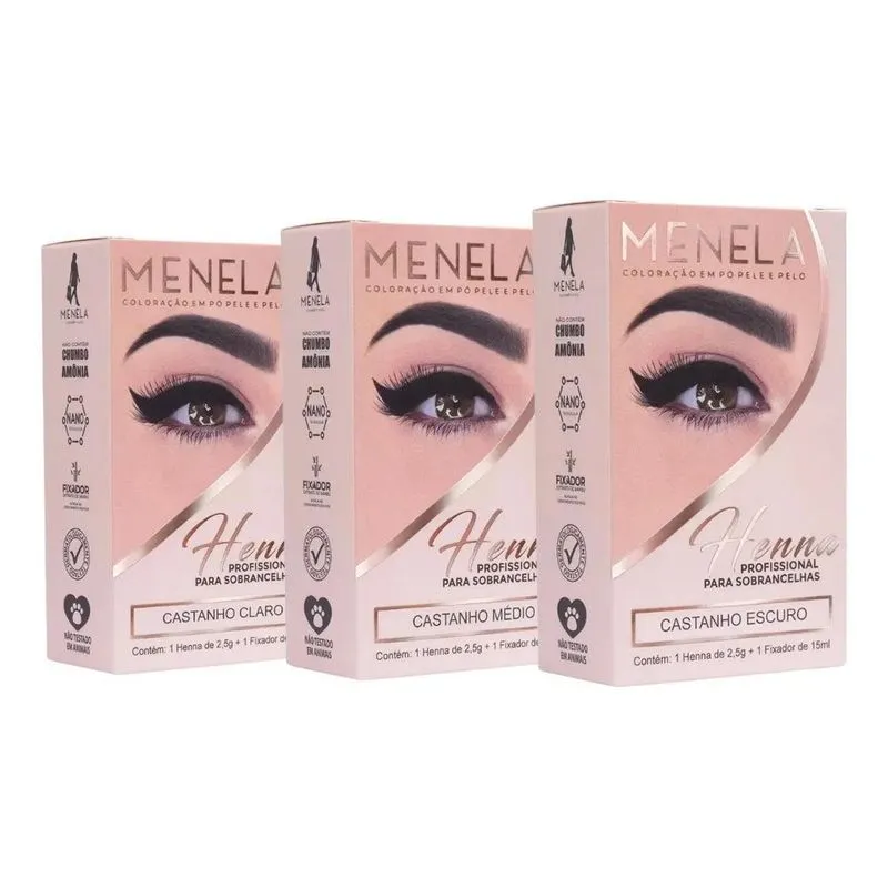 3x Combo Kit Henna Menela 03 Castanhos Claro + Médio + Escur