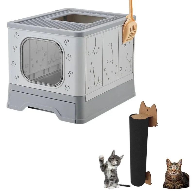 Banheiro Gato Fechado Antiodor Com Pá + Arranhador De Parede