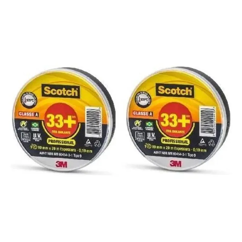 Fita Isolante 3m Scotch 33+ 20 Metros Kit 2 Peças Cor Preto
