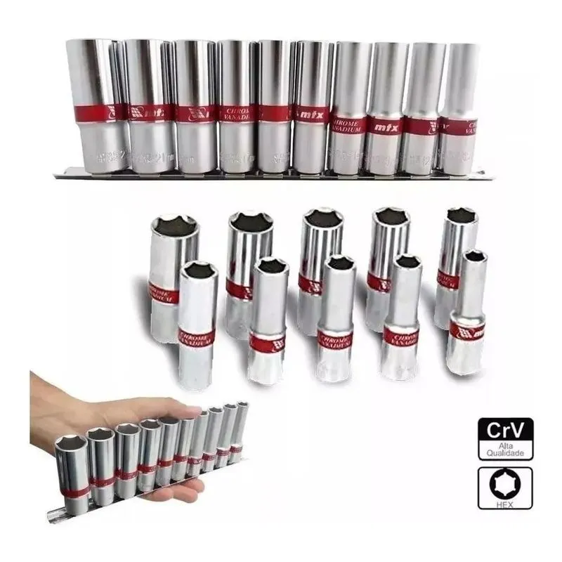 2x Jogo Soquetes Longos 3/8 Sextavados 08 A 19mm 10 Pcs Cr-v