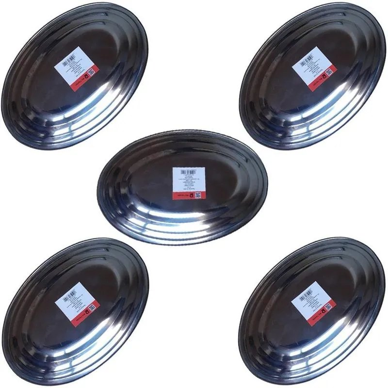 Kit 5 Travessa Bandeja Restaurante Oval Inox 30 Cm Porção