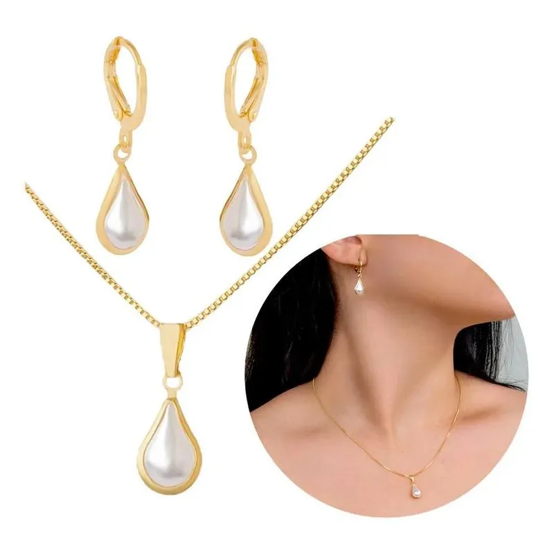 10x Brinco Feminino E Correntinha Perola Gota Pingente Folh