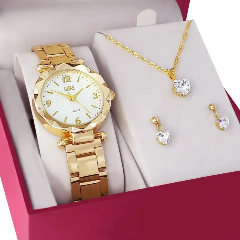Relógio Feminino + Kit Colar Brincos Folheado Ouro 18k