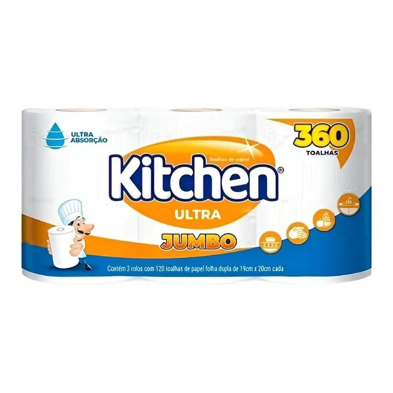 Papel Toalha Kitchen Folha Dupla 19cm X 22cm Jumbo C/3 Rolos