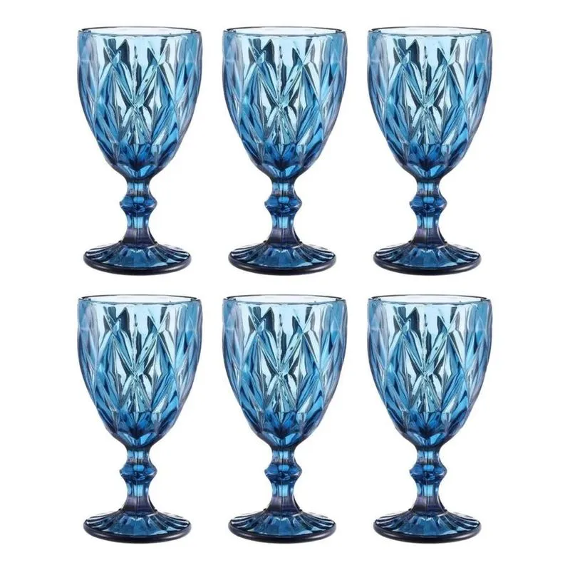 5x Conjunto 6 Taças Best Kaza Vidro Azul Diamante Vinho/água