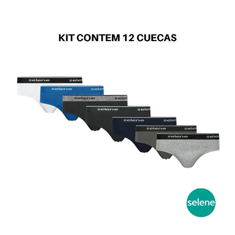 Kit 12 Cuecas Em Algodão Selene Masculina Adulto Slip Lisa