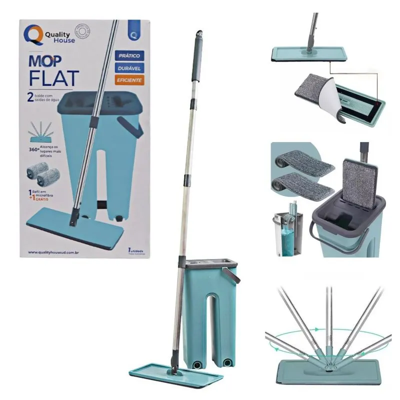 Rodo Flat Mop Lava E Seca Com Balde E Rodo Esfregão Mágico Profissional Com 2 Refis