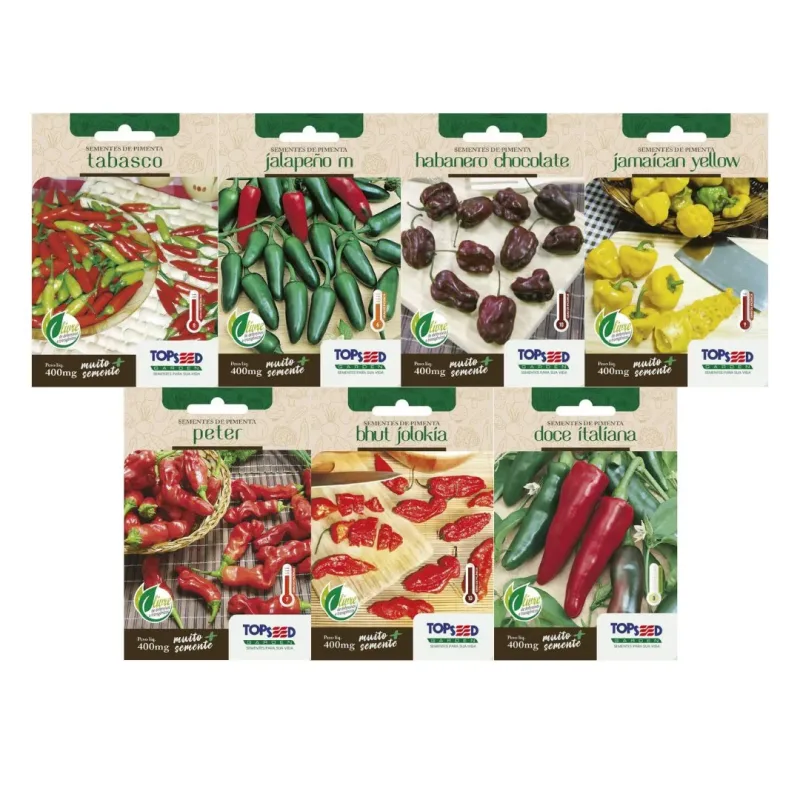 Kit 7 Sementes de Pimentas | Tabasco, Jalapeño, Peter, Bhut, Habanero Chocolate, Cheiro do Norte e Doce Italiana - Pet Casa e Jardim