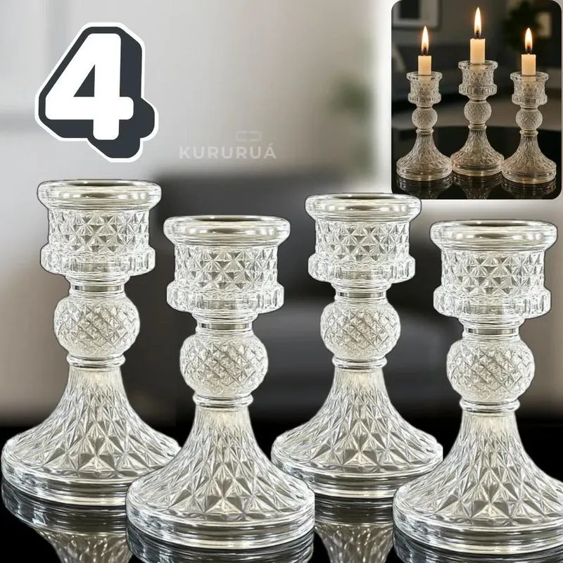 3x Castiçal De Vidro Candelabro 4 Unidades Premium Alto Bril