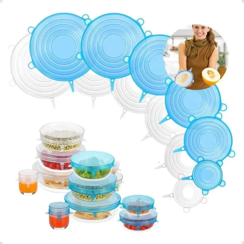 3x Kit 12 Tampas Silicone Flexível Para Panela Pote Universa