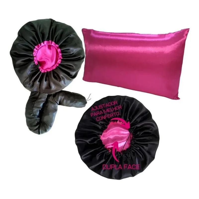 2x Touca Cetim Difusora Para Secador + Fronha + Touca Dormir