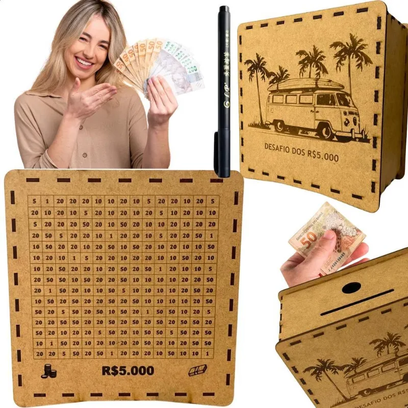 10x Cofre Cofrinho Desafio 5 Mil Mdf Caixa De Dinheiro Casa