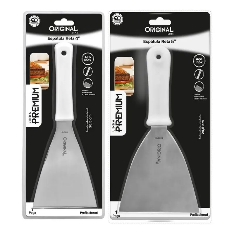5x Kit 2 Espátulas Inox Reta Premium Chapa Para Lanche Pizza