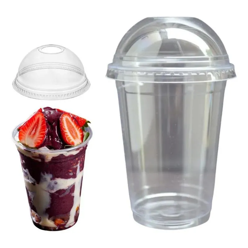 5x Copo Descartável 300/330ml Tampa Bolha Com Furo 100und