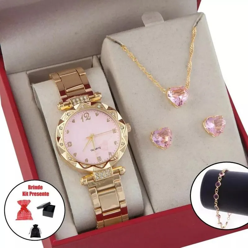 10x Relógio Feminino+ Kit Colar Pingente Brincos Folheado A