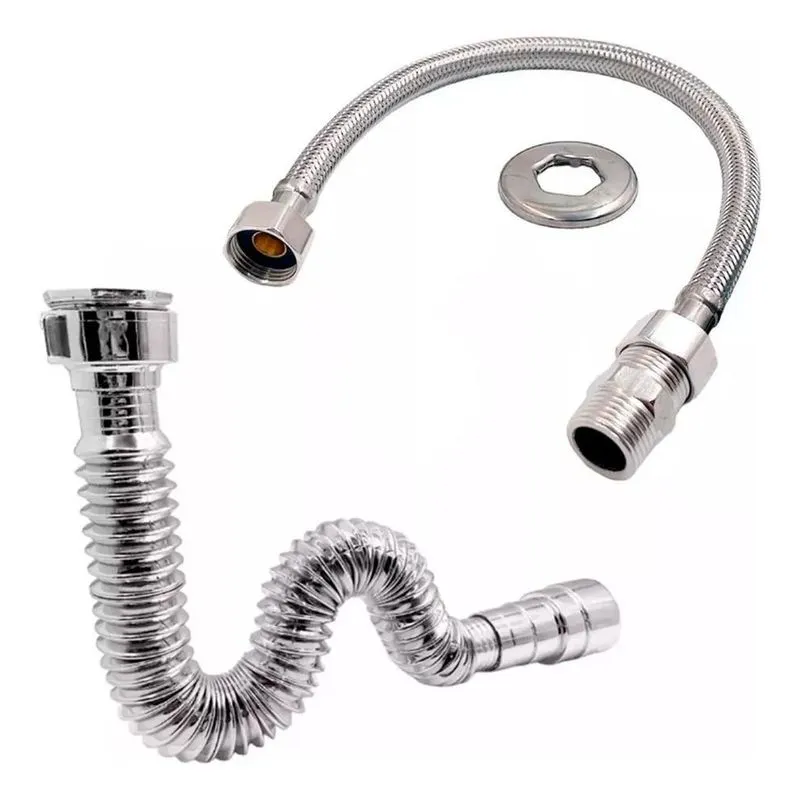 Kit Sifão + Rabicho 60cm Metal Inox Flexível Mangueira Pia