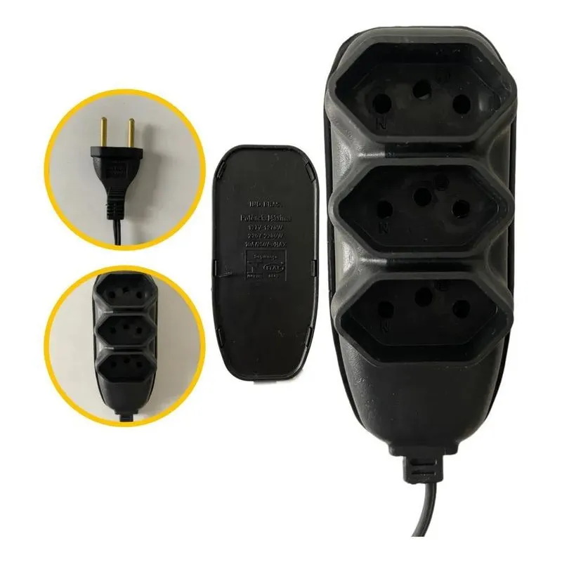 5x Extensão Elétrica 2 Metros Bivolt Preto 3 Tomada Tripolar