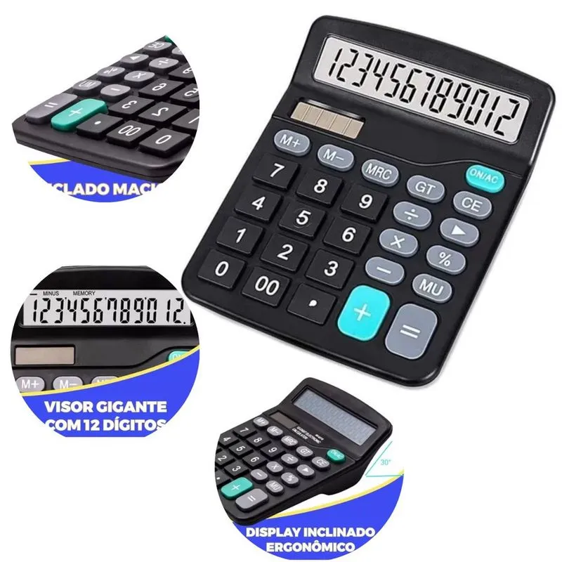 Kit 1 Calculadora Mesa Display 12 Digitos Grande Escritorio
