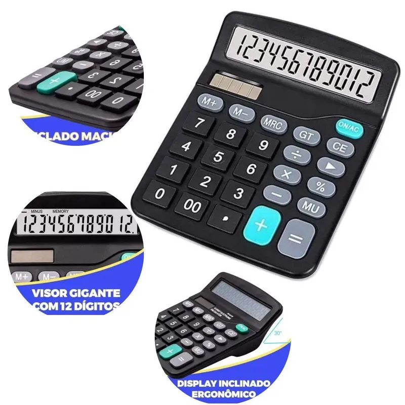 Calculadora Mesa Financeira Escritório 12 Digitos Cor Preta